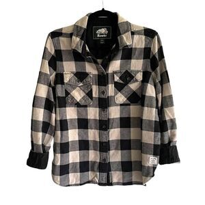 ROOTS Canada Park Plaid Flannel Buffalo Check Button Down Shirt Elbow Patches M